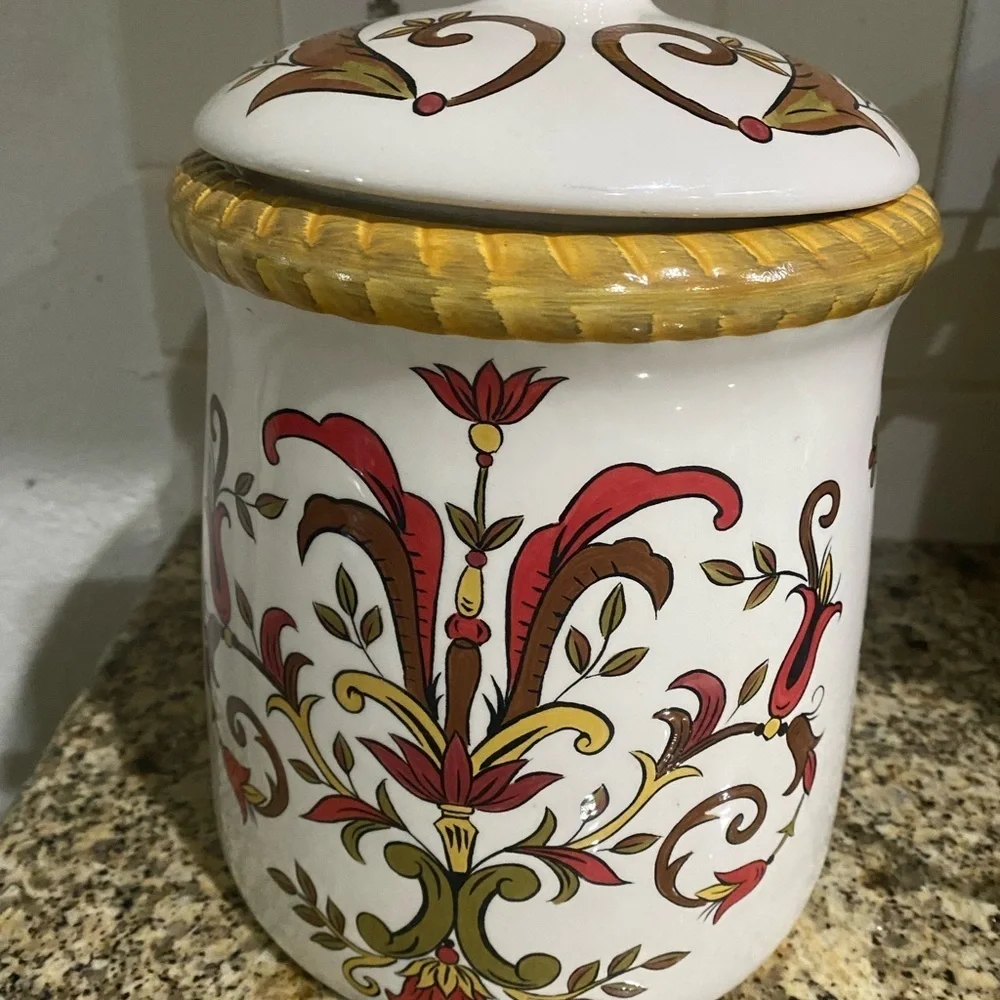 Pier 1 Earthenware Oralia Mediterranean Floral Discontinued Ceramic 11”Canister